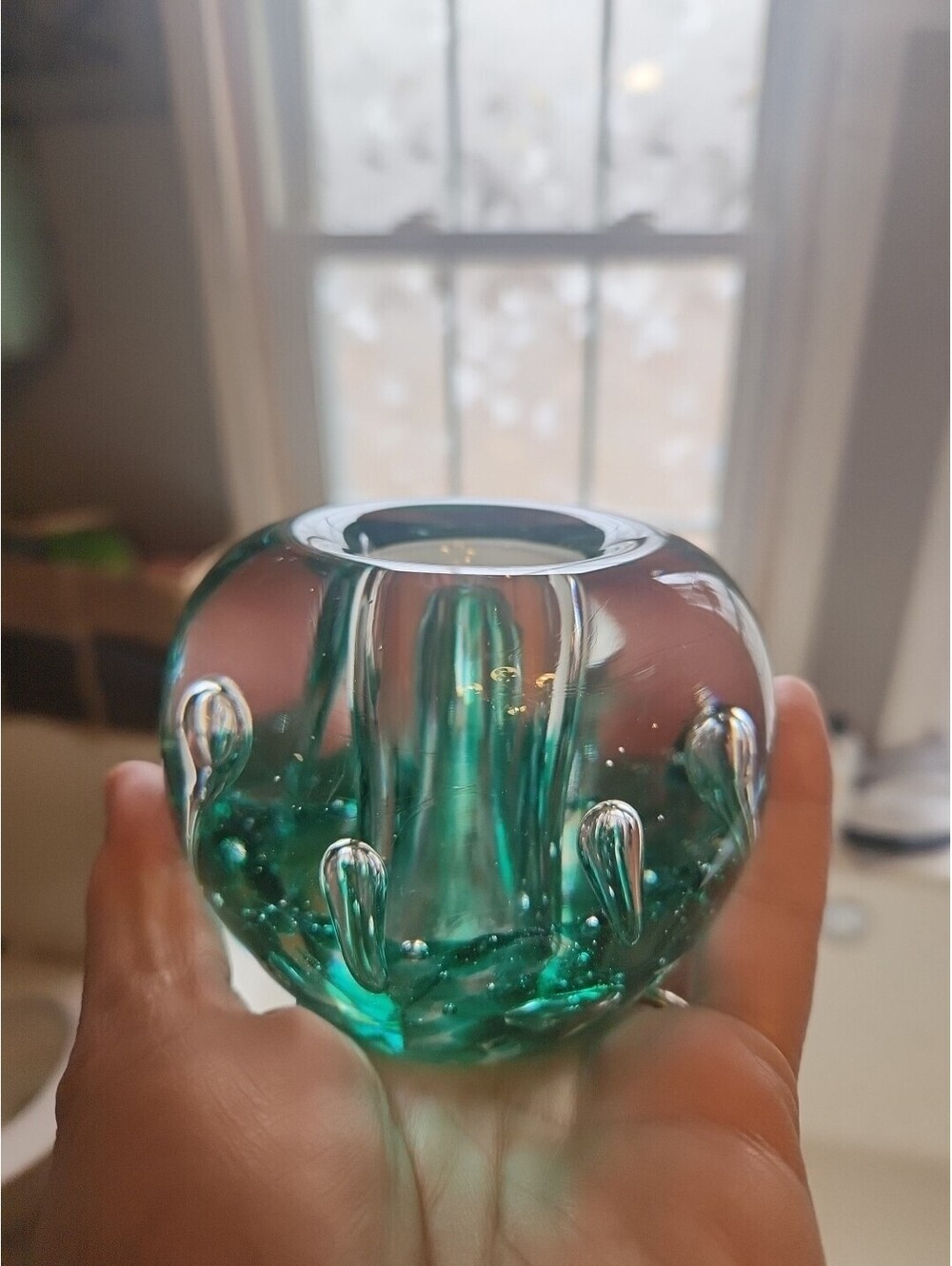 Vintage Art Glass Faceted Flower Paperweight Controlled Bubbles Teal Seafoam!.
